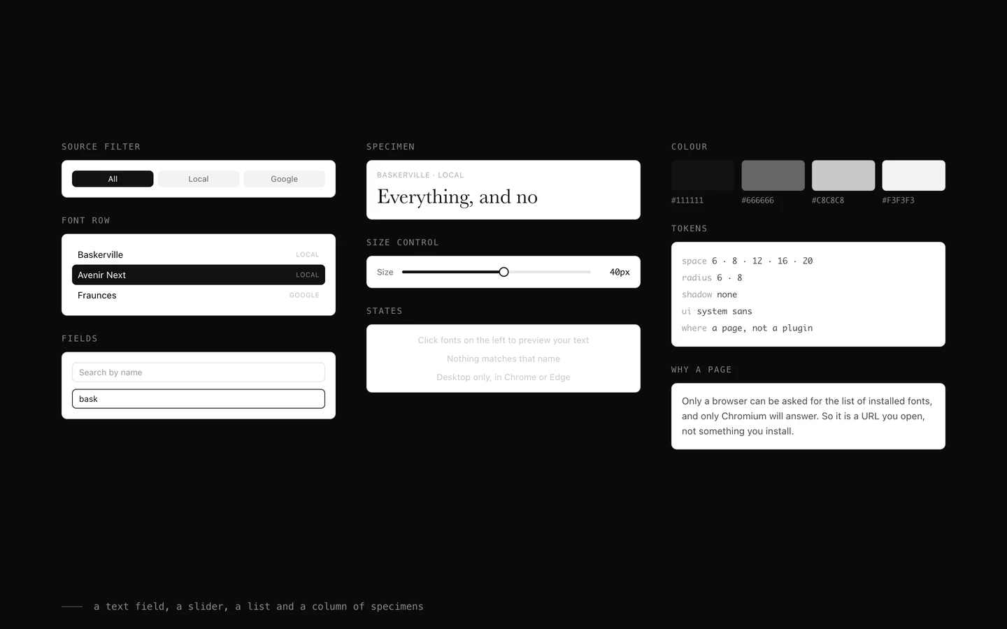 A text field, a slider, a list and a column of specimens